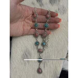 Native American Sterling Silver Pink Opal Blue Turquoise Y Drop Lariat Necklace